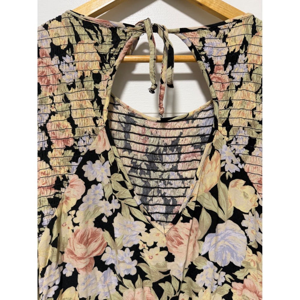 American Eagle Vintage Floral Smocked Romper Long Sleeve Pockets Black Large - Picture 9 of 11